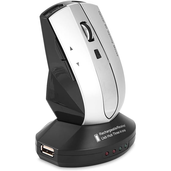 FIGT-Rechargeable Wireless Gaming Mouse with Charging Dock Stand, 2.4G 3 Port USB Hubs Cordless Mice, for PC Laptop (Gray)【0516】