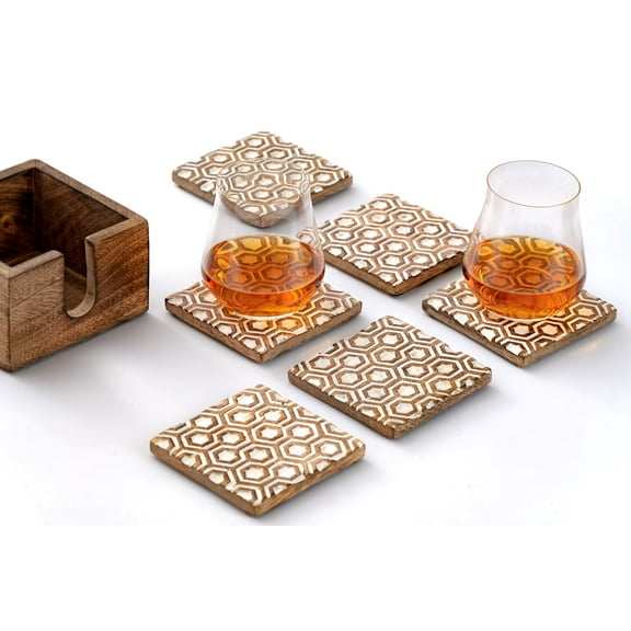 FIGTREE - Set of 6 Indian Handcrafted Wooden Coasters for Drinks Absorbent with Holder, Coasters for Coffee Table Protection, Coffee Table Decor, Perfect House Warming Gift, HoneyComb