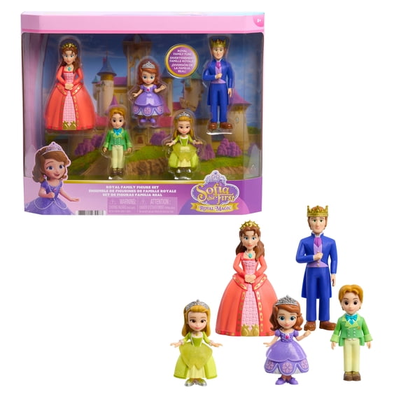 Disney Jr. Sofia the First Royal Family Figure Set, 5-Piece Kids Figure Set with Princess Sofia, Princess Amber, Prince James, King Roland II, and Queen Miranda, //