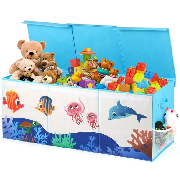 FIIOEOY Extra Large Toy Box, Collapsible Storage Organizer with Lids, Sturdy Ocean Toy Chest for Boys Girls, 40"x16"x16" Kids Storage Bin Box Baskets for Living Room, Playroom, Bedroom, Nursery