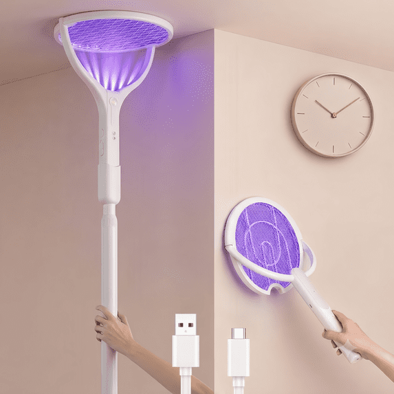 FIIOEOY Rotating Head Electric Fly Swatter Racket 3500V Rechargeable Bug Zapper Racket Bug Zapper Indoor Fly Zapper Mosquito Zapper Flies Killer for Indoors, with a Telescopic Extension