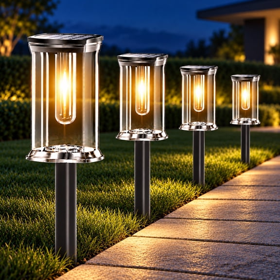 FIIOEOY Solar Pathway Lights Outdoor, 4 pack, 3000K Warm White LED Garden Lights with Stakes, IP65 Waterproof, Auto on/off