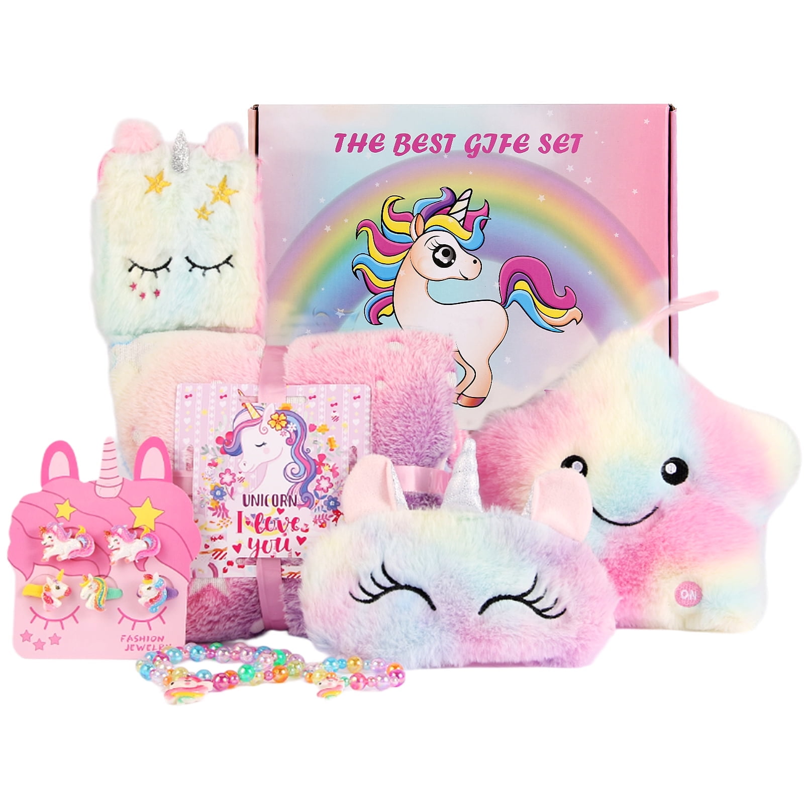 FIIOEOY Unicorn Toys Gift Set with Glow in The Dark Blanket and Light Up Star Pillow for Girls Ages 3-8