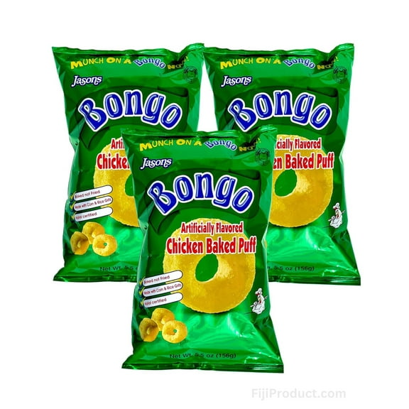 FIJI - Bongo Chicken Flavoured Snack (VALUE Pack Of 3 x 156g EA) Chicken flavored baked puffs ...