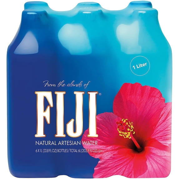 FIJI Natural Artesian Bottled Water 1 Liter / 33.8 fl oz (Pack of 6) -100% Natural Electrolytes