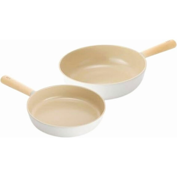 FIKA Cookware 2-Piece Pan Set with Wood Handle, 9-Inch Pan, 10-Inch Wok Non-Stick Ceramic Coated Skillet, Induction Compatible Kitchenware, Made in Korea