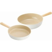 FIKA Cookware 2-Piece Pan Set with Wood Handle, 9-Inch Pan, 10-Inch Wok Non-Stick Ceramic Coated Skillet, Induction Compatible Kitchenware, Made in Korea