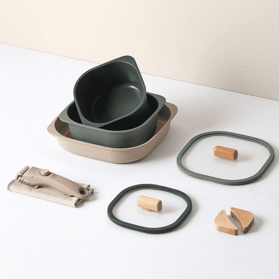 FIKA Objet Comfort 7-Piece Kitchen Nonstick Healthy Cooking Cookware Set with Lid, Detachable Handle, Induction Compatible All-in-One Kitcheware, Easy to Store, Great Gift, Made in Korea (GREEN)