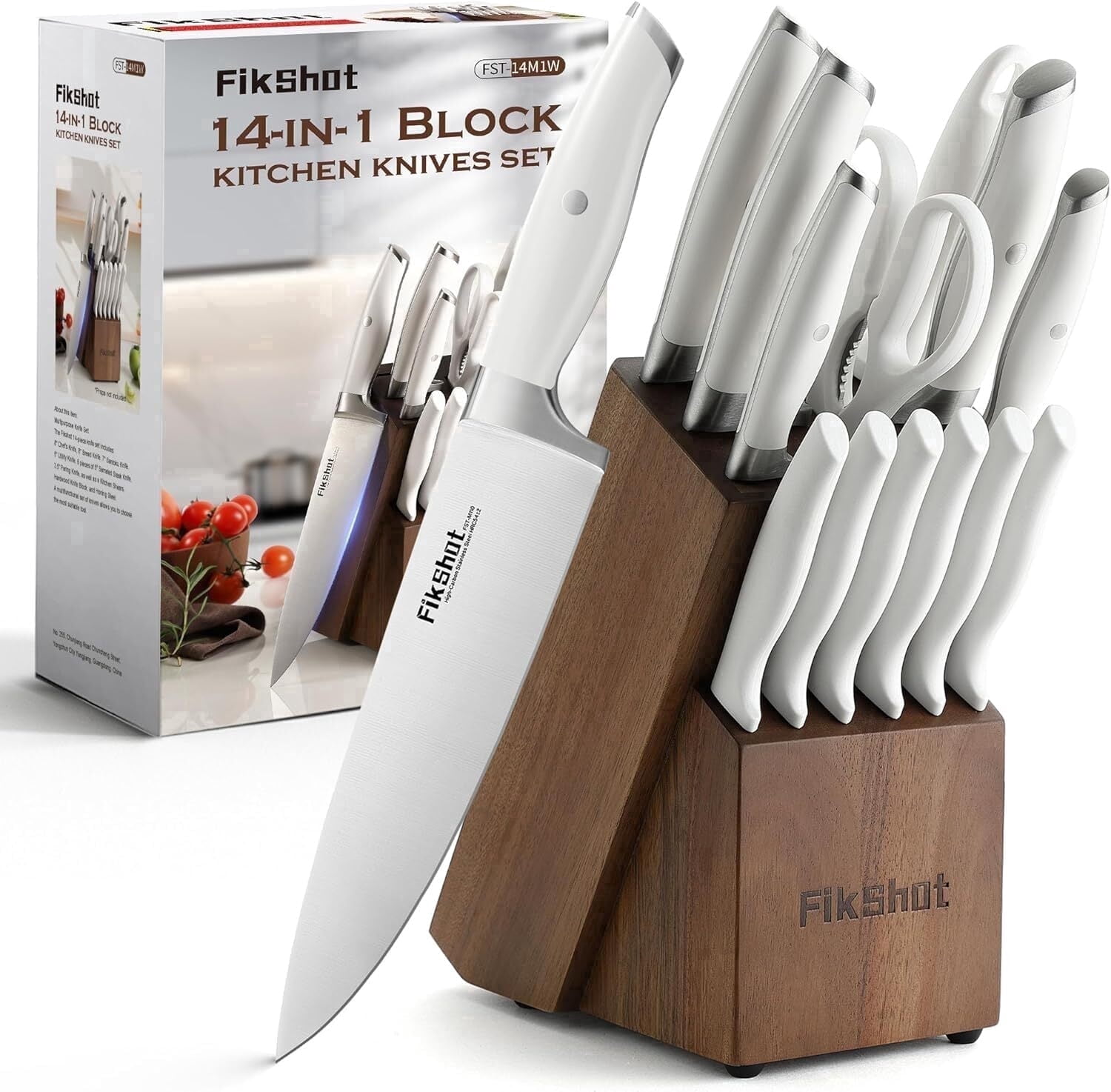 FIKSHOT 14-Piece Kitchen Knife Set with Built-in Sharpener, Professional White Stainless Steel Chef Knives, Dishwasher Safe, Silver