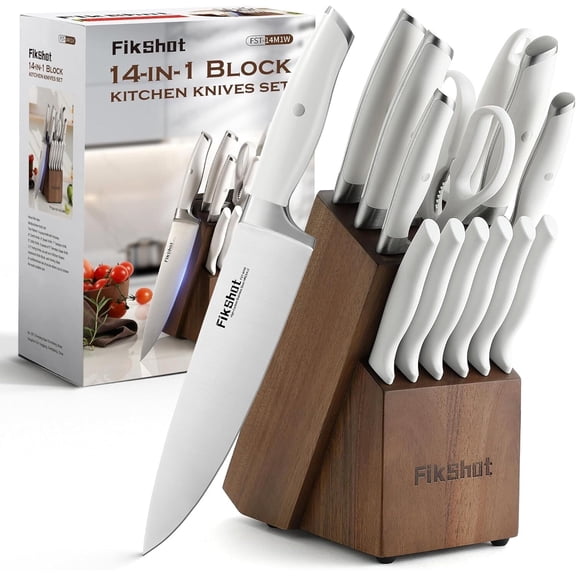 FIKSHOT 14-Piece Kitchen Knife Set with Built-in Sharpener, Professional White Stainless Steel Chef Knives, Dishwasher Safe, Silver