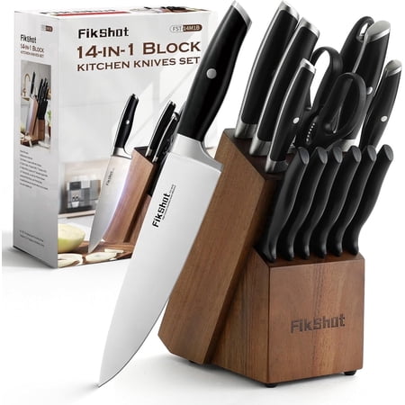 FIKSHOT 14-Piece Kitchen Knife Set with Built-in Sharpener, Professional White Stainless Steel Chef Knives, Dishwasher Safe