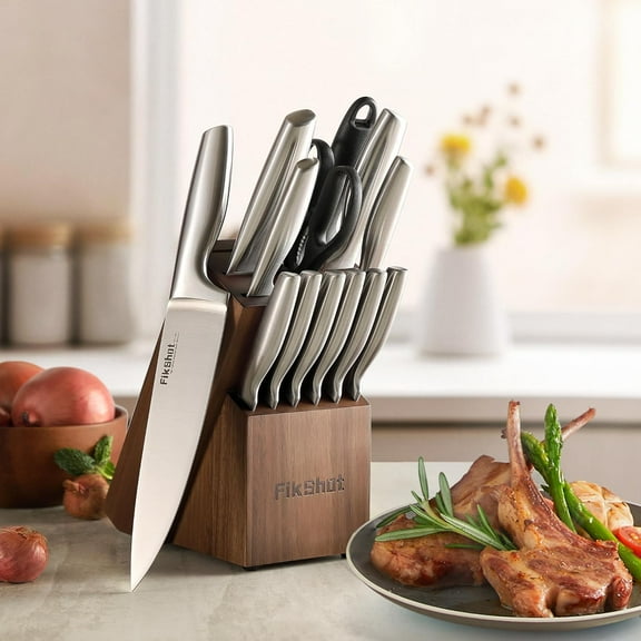 FIKSHOT Knife Block Set - - Stainless Steel Chef Knives with Walnut Wood Block, Full Tang Kitchen Cutlery Set for Home & Professional Cooking