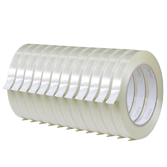 FIL-795 Fiberglass Reinforced Filament Strapping Tape Heavy Duty Packing & Shipping Tape, Mono Directional, 1/2 in x 60 yds. Pack of 12 (5.5 Mil)