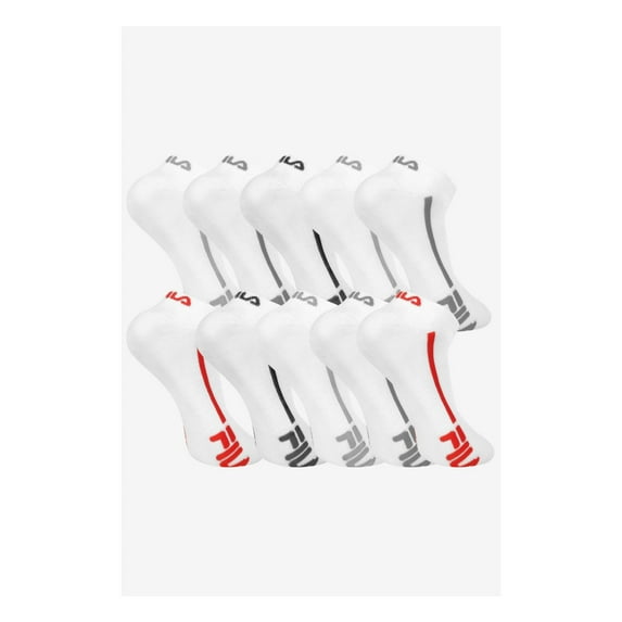 FILA Mens 10 Pack White Logo Graphic Athletic Fit Elasticized Cuff Ribbed Racing Stripe Casual No Show Socks 8-12