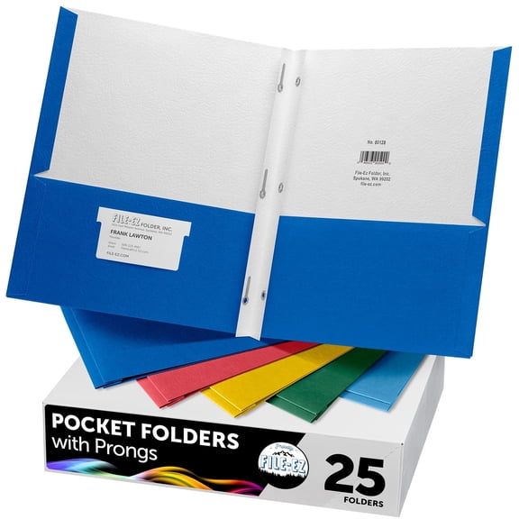 FILE-EZ Two-Pocket Folders with 3-Prong Fasteners, Assorted Colors, 25-Pack, Durable Textured Paper, Matte Finish, Letter Sheet Size (EZ-62500)