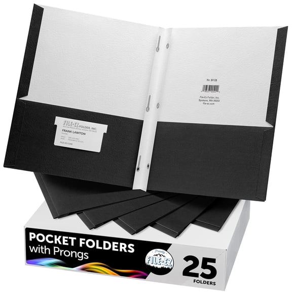 FILE-EZ Two-Pocket Folders with 3-Prong Fasteners, Black Color, 25-Pack, Durable Textured Paper, Matte Finish, Letter Sheet Size (EZ-62505)
