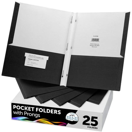 FILE-EZ Two-Pocket Folders with 3-Prong Fasteners, Black Color, 25-Pack, Durable Textured Paper, Matte Finish, Letter Sheet Size (EZ-62505), Made in USA