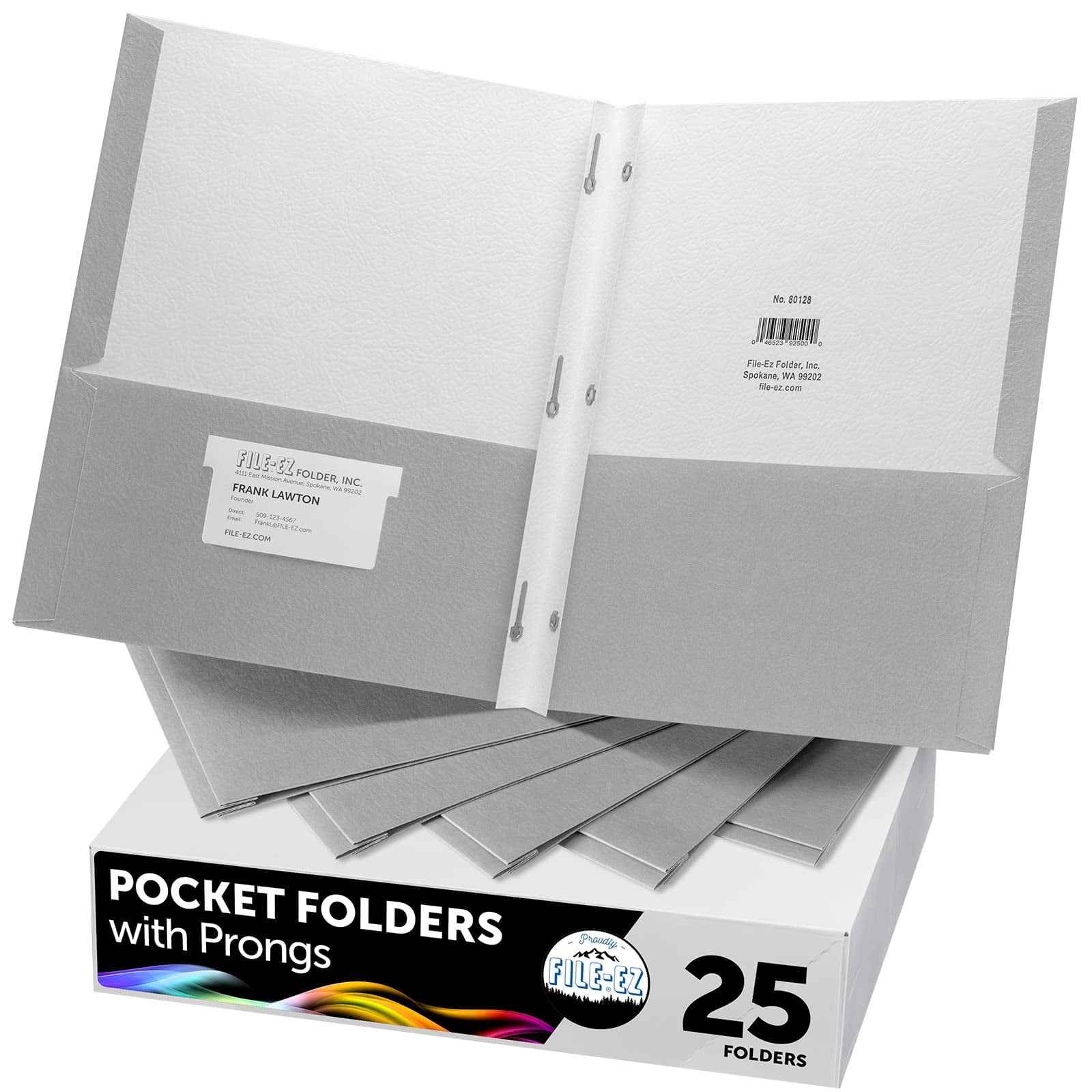 FILE-EZ Two-Pocket Folders with 3-Prong Fasteners, Gray Color, 25-Pack, Durable Textured Paper, Matte Finish, Letter Sheet Size (EZ-62530)