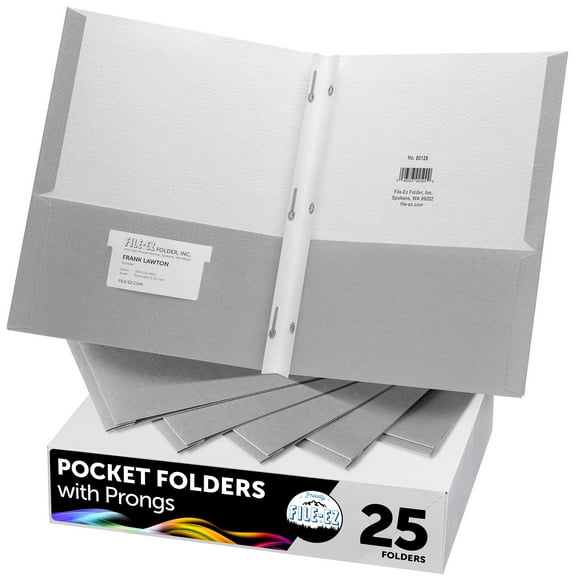 FILE-EZ Two-Pocket Folders with 3-Prong Fasteners, Gray Color, 25-Pack, Durable Textured Paper, Matte Finish, Letter Sheet Size (EZ-62530), Made in USA