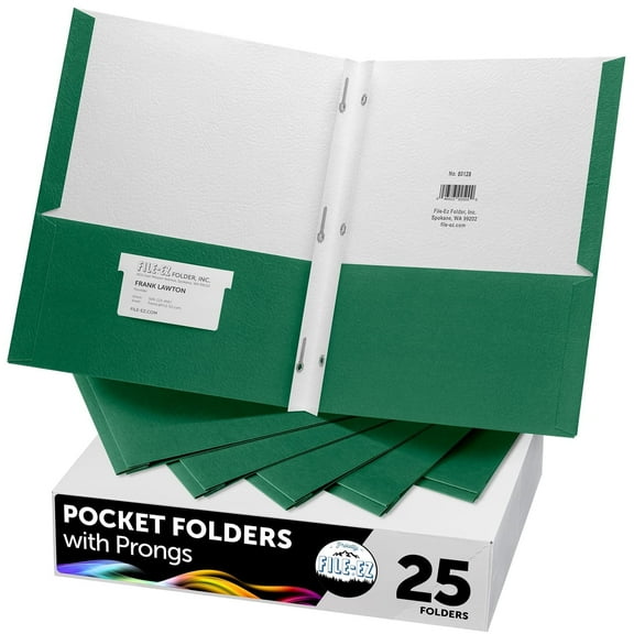 FILE-EZ Two-Pocket Folders with 3-Prong Fasteners, Green Color, 25-Pack, Durable Textured Paper, Matte Finish, Letter Sheet Size (EZ-62560), Made in USA
