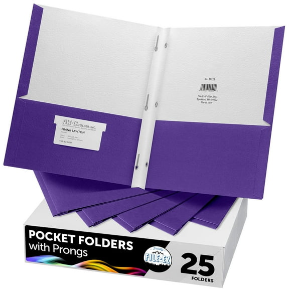 FILE-EZ Two-Pocket Folders with 3-Prong Fasteners, Purple Color, 25-Pack, Durable Textured Paper, Matte Finish, Letter Sheet Size (EZ-62545), Made in USA