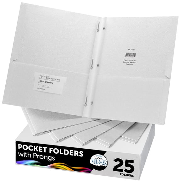 FILE-EZ Two-Pocket Folders with 3-Prong Fasteners, White Color, 25-Pack, Durable Textured Paper, Matte Finish, Letter Sheet Size (EZ-62510)