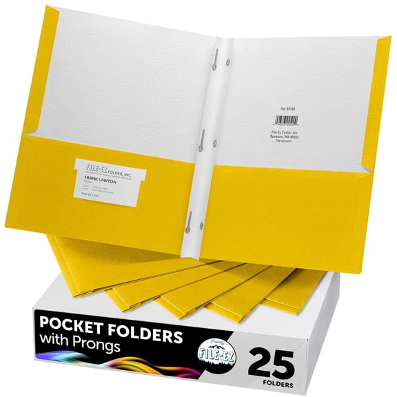 FILE-EZ Two-Pocket Folders with 3-Prong Fasteners, Yellow Color, 25-Pack, Durable Textured Paper, Matte Finish, Letter Sheet Size (EZ-62570)