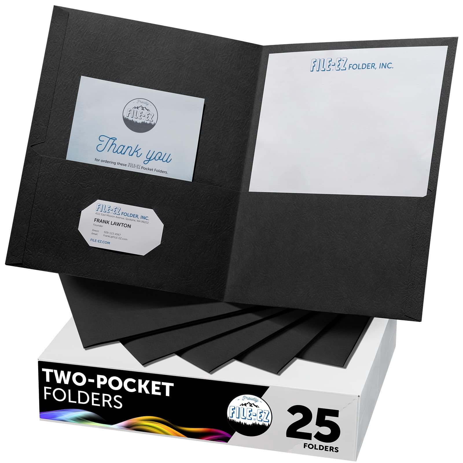 FILE-EZ Two-Pocket Folders, Black, 25-Pack, Textured Paper, Letter Size (EZ-52505)