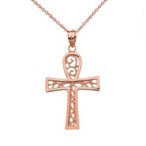 FILIGREE ANKH CROSS PENDANT NECKLACE IN ROSE GOLD : 10K Pendant with 16" chain