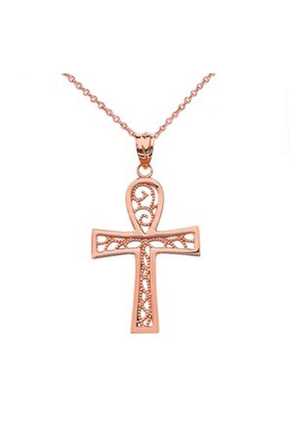 FILIGREE ANKH CROSS PENDANT NECKLACE IN ROSE GOLD : 10K Pendant with 16" chain