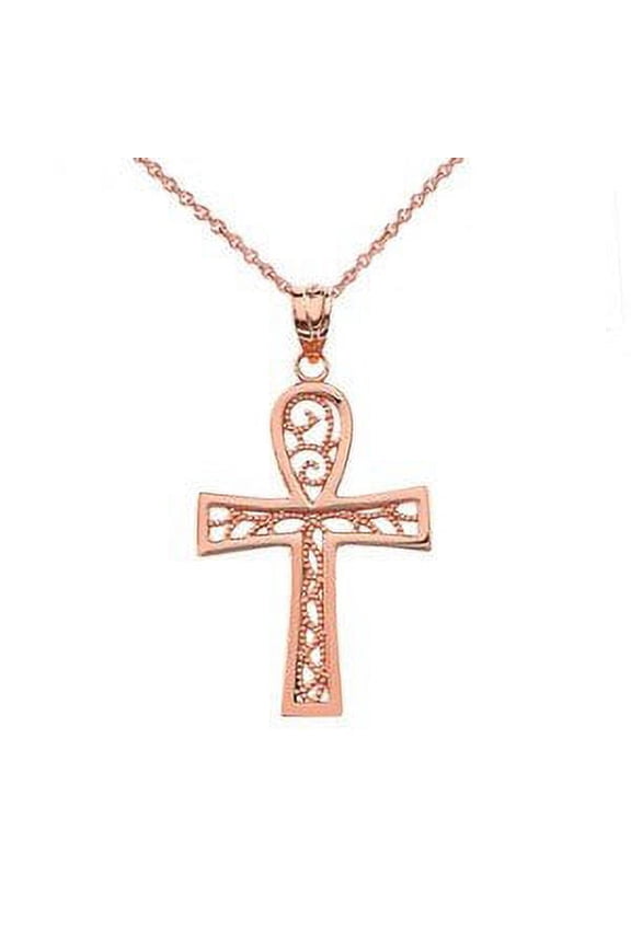 FILIGREE ANKH CROSS PENDANT NECKLACE IN ROSE GOLD : 14K Pendant with 18" chain