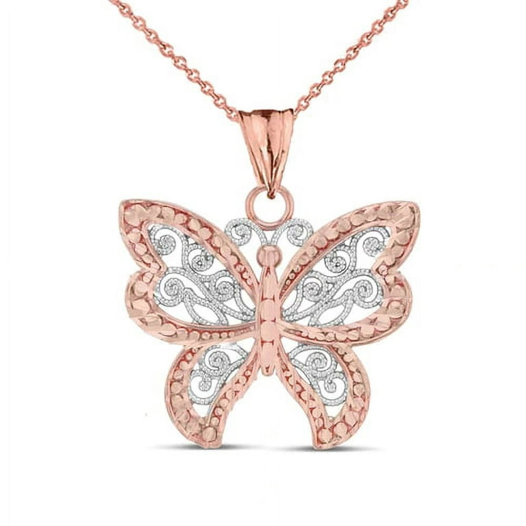 FILIGREE BUTTERFLY PENDANT NECKLACE IN TWO-TONE ROSE GOLD : 10K Pendant  with 22