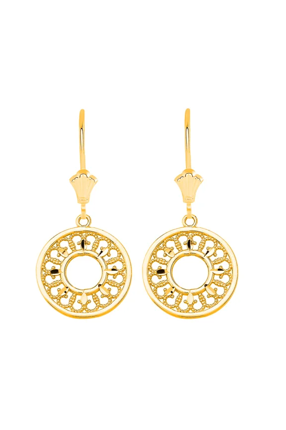 FILIGREE CONCENTRIC CIRCLE LEVERBACK EARRINGS IN SOLID YELLOW GOLD - 10K