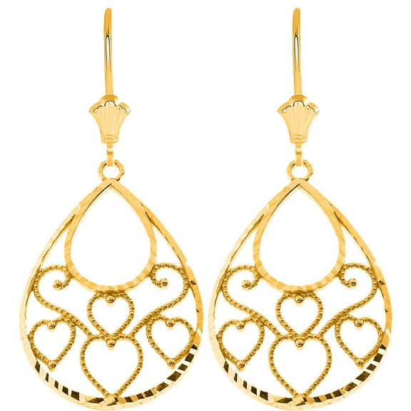 FILIGREE DIAMOND CUT TEARDROP HEARTS LEVERBACK EARRINGS IN SOLID YELLOW GOLD: 10K