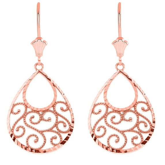 FILIGREE TEARDROP SPIRAL LEVERBACK EARRINGS IN 14K ROSE GOLD