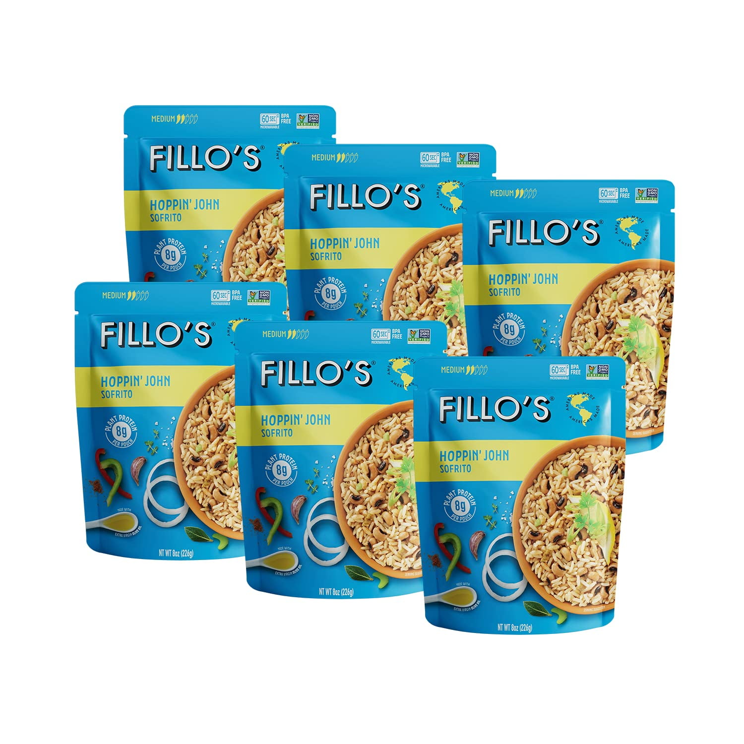 FILLO'S Hoppin' John Carolina Peas & Rice Packaged Meals, 8 oz, 6 Count (Shelf-Stable)