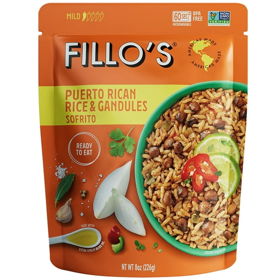 FILLO'S Puerto Rican Rice and Pigeon Peas Gandules, Single Pouch Packaged Meals, 8 oz (Shelf-Stable)