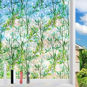 FILMGOO Rainbow Green Leaf Window Privacy Film, Static Cling Non-Adhesive Decorative Window Film, Heat Control Anti UV Window Tint for Home, 29.5in x 6.5ft