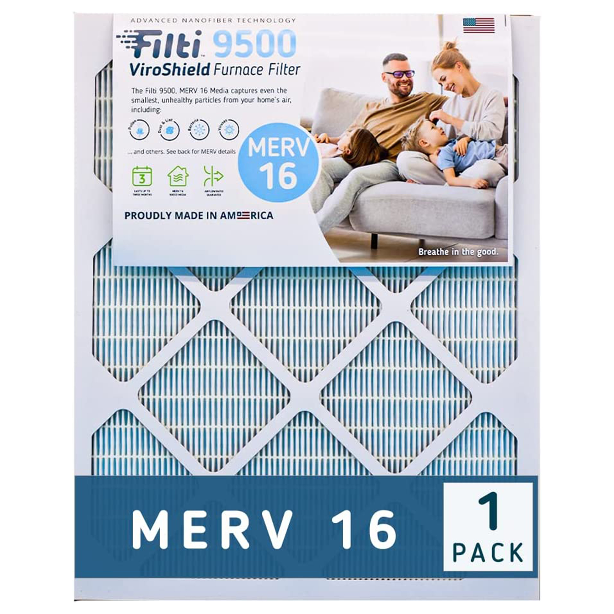 FILTI 9500 Air Filter 16x25x1 MERV 16 Pleated HVAC AC Furnace Filter MADE IN USA (1 PACK