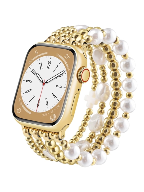 Beaded Elastic Bracelets for Apple Watch Band 42mm/44mm/45mm, Women Fashion Handmade Dressy Bands Beads Strap (Cross White)