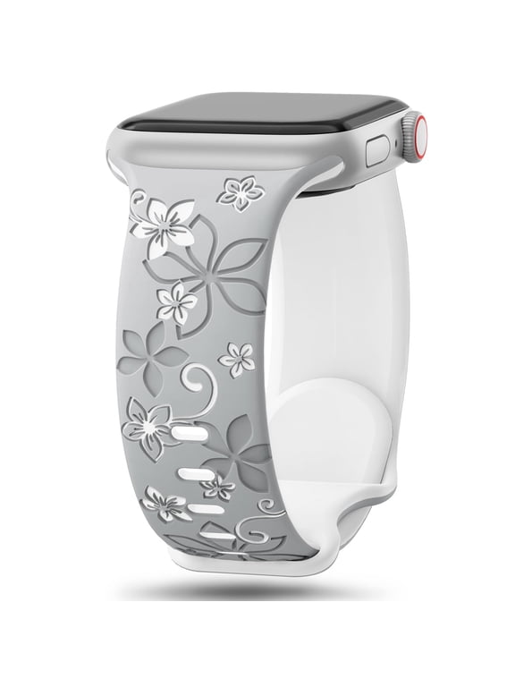 Floral Engraved Silicone Watch Band for Apple Watch, Two-Tone Flower Replacement Strap for iWatch SE Series 11/10/9/8/7/6/5/4/3/2/1 Ultra