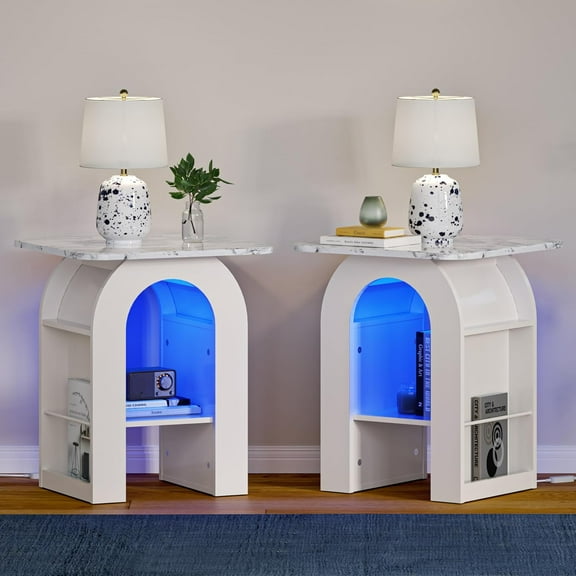 FIMELLO 19" End Table Set of 2 with Marble Top, Modern Arched Night Stand Nightstands with RGB Lighting, Bedroom Nightstand, Side Table with Storage for Living Room & Bedroom