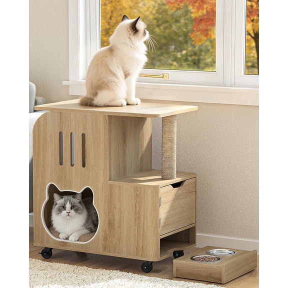 FIMELLO 25.6" Wx15.7 D x 28.5" H Cat Feeding Station, All-in-One Cat Food Table Cart with Moving Wheels, Scratcher End Table, Two Feeding Bowls