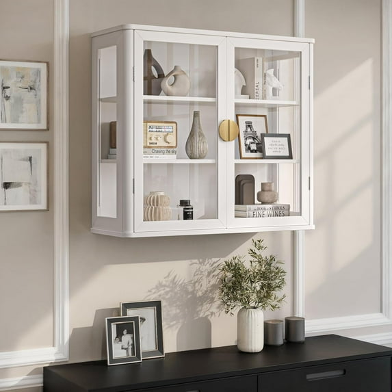 FIMELLO 28’’W Wall Cabinet with Tempered Glass Doors, Bathroom Cabinet Wall Mount, Kitchen Wall Cabinet, Floating Cabinet for Bathroom, Wall Mount Salon Station for Barber, Beauty, White