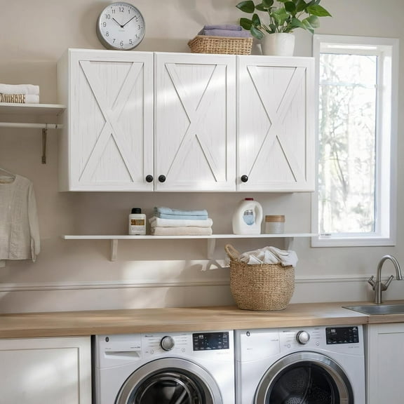 FIMELLO 3-Doors Laundry Room Cabinets 45’’, Kitchen Cabinet Storage with Adjustable Shelf,Barn Door Design, Wall Cabinets for Laundry Room, Kitchen, Dinning Room, White Grain