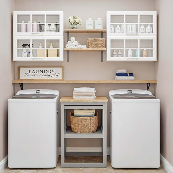 FIMELLO 59’’ Laundry Room Cabinets Wall Mounted, Kitchen Wall Cabinet, Bathroom Wall Cabinet, Hanging Display Cabinet, Adjustable Shelf, Glass Door, White