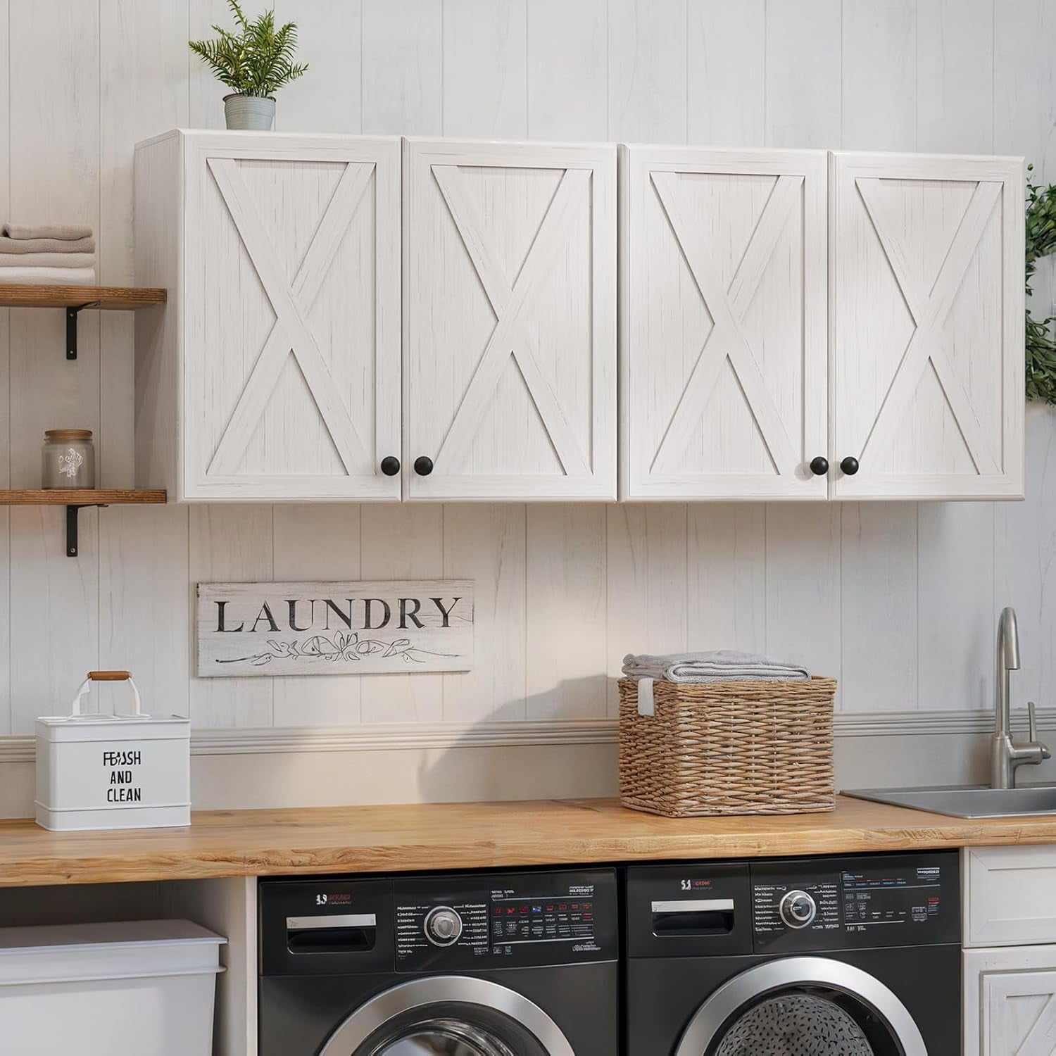 FIMELLO 60’’ Laundry Room Cabinets, Laundry Wall Cabinet Storage, Barn Door Kitchen Wall Cabinets with Doors and Shelf, Wall Mounted Cabinet for Laundry Room, Kitchen, Dinning Room, Bathroom, White