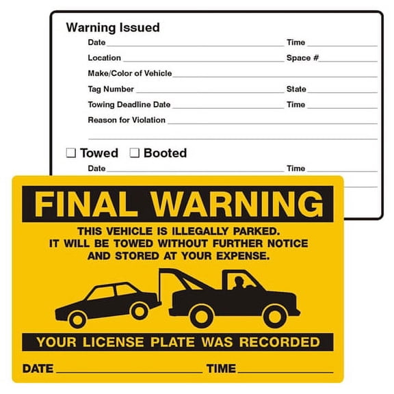 FINAL WARNING, ?ILLEGALLY PARKED, No-Parking Stickers (PK2058FO), 8" x 5", Scrape to Remove - PACK OF 50