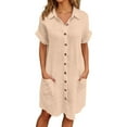 thumbnail image 1 of FINALGANG Autumn Dress For Women Solid Color Turndown Collar Short Sleeve Dresses Buttons Down Loose Sundress With Pockets Skin Friendly Relaxed Fit Activewear, 1 of 6