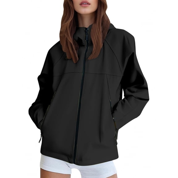FINALGANG Autumn Jacket For Women Solid Color Patchwork Long Sleeve Hooded Coat Full Zipper Loose Windbreaker With Zipper Pockets Leisure Breathable Daily Wear